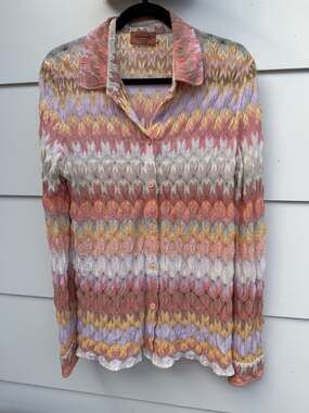 Missoni Flame Chevron Knit Blouse Long Sleeve Button Up 46 10 Medium Boho